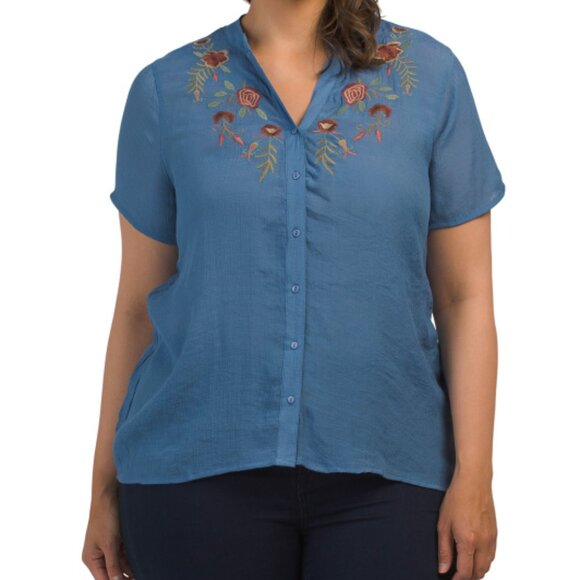 NEW FORGOTTEN GRACE Plus Embroidered Top Denim rayon blend 163mn - Picture 1 of 3
